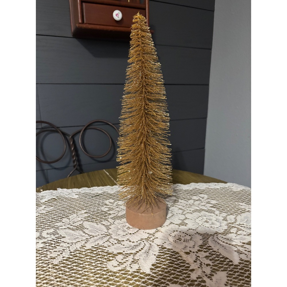 Vintage Style Gold Glitter Bottle Brush Tree Christmas Holiday Decor 13 Inch